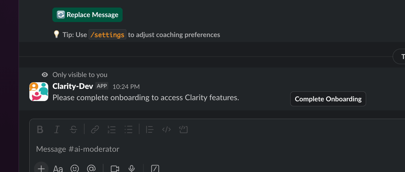 Slack app welcome and quickstart view